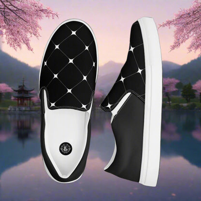 Women’s Designer, Slip-on Canvas Shoes, Black with White Diamond Print, Two Tone Geometric Pattern