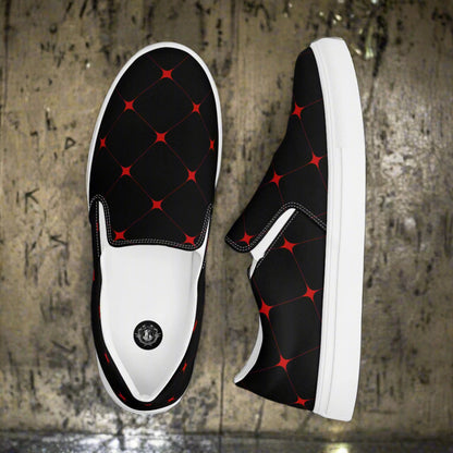 Women’s Asian Print, Slip-on Canvas Shoes, Japanese Geometric Diamond Pattern, Crimson Diamond
