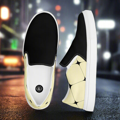Women’s Custom Designer, Slip-on Canvas Shoes, Pastel Yellow with Black Diamond Pattern, Two-Tone