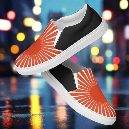 Women’s Custom, Slip-on Canvas Sneakers, Asian Print, Japanese Rising Sun, Halftone