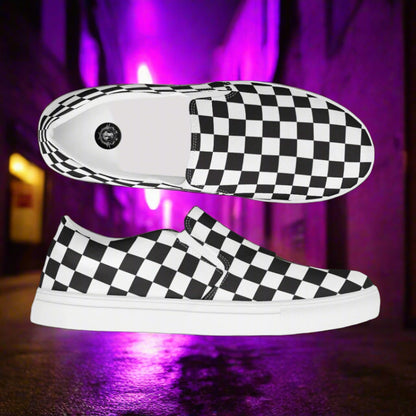 Women’s Custom Slip-on Canvas Shoes, Black Checkered Pattern on White Canvas
