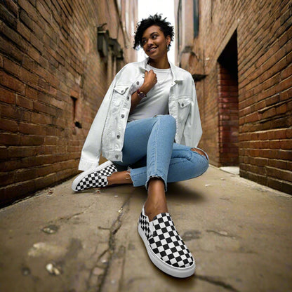 Women’s Custom Slip-on Canvas Shoes, Black Checkered Pattern on White Canvas