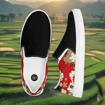 Women’s Designer, Slip-on Canvas Shoes, Asian Floral Print, Black Lotus, Two-Tone