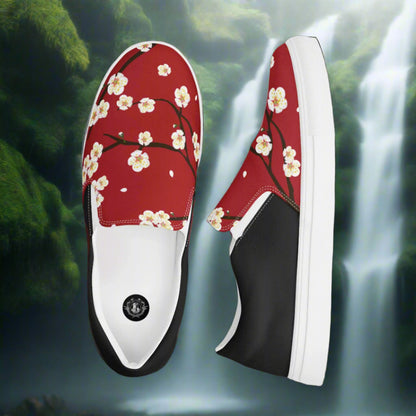 Women’s Custom, Asian Floral Print, Slip-on Canvas Shoes, Red Cherry Blossom, Halftone