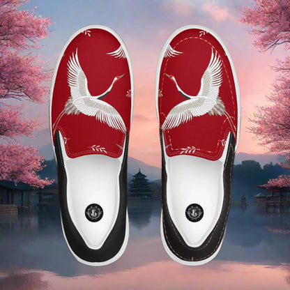 Women’s Custom, Asian Animal Print, Slip-on Canvas Shoes, Red with White Flying Cranes, Halftone