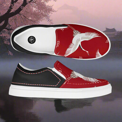 Women’s Custom, Asian Animal Print, Slip-on Canvas Shoes, Red with White Flying Cranes, Halftone