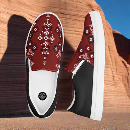 Women’s Southwest Print, Slip-on Canvas Shoes, Native American, Geometric Pattern, Red Mesa Halftone