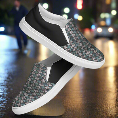 Women’s Custom, Asian Print, Slip-on Canvas Shoes, Japanese Sea Waves Pattern, Halftone