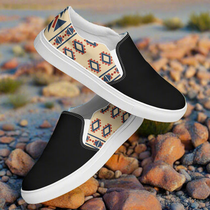 Women’s Southwest Print, Custom Slip-on Canvas Shoes, Beige with Native American Geometric Pattern, Desert Sol, Two-Tone