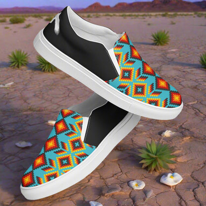 Women’s Southwest Print, Slip-on Canvas Shoes, Turquoise with Orange Native American, Geometric Pattern, Huichol, Halftone