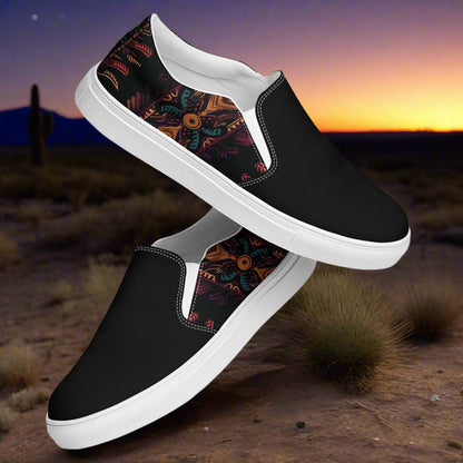 Women’s Southwest Print, Slip-on Canvas Shoes, Native American, Geometric Pattern, Iktomi Two-Tone