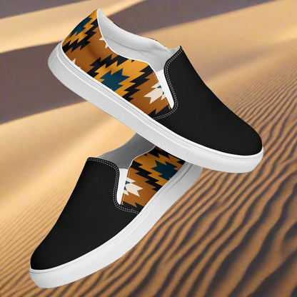 Women’s Southwest Print, Slip-on Canvas Shoes, Native American, Geometric Pattern, Pueblo Two-Tone