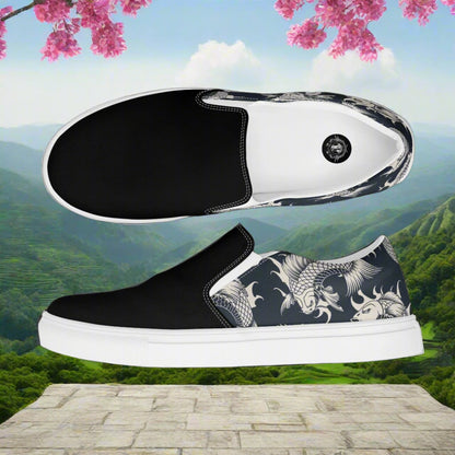 Women’s Designer, Slip-on Canvas Shoes, Black with White Koi Swimming, Asian Print, Two-Tone