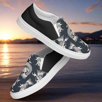 Women’s Designer, Slip-on Canvas Shoes, Black with White Koi Swimming, Asian Print, Halftone