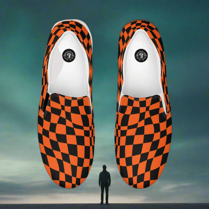 Women’s Custom Streetwear Style Designer Slip-On Canvas Sneakers, Orange and Black Checkered Pattern