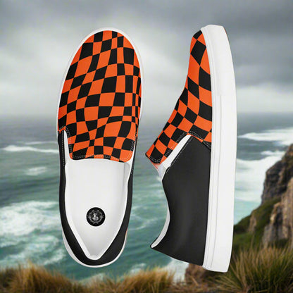 Women’s Custom Designer Slip-On Canvas Sneakers, Orange & Black Checkered, Halftone