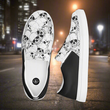 Women’s Custom Streetwear Style Designer Slip-On Canvas Sneakers, White With Black Line Skulls Halftone
