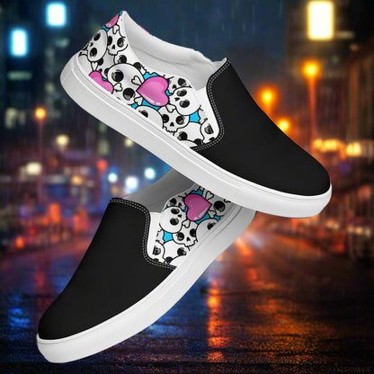 Women’s Custom Slip-on Canvas Shoes,  Streetwear Styled, Pink Heart and Skulls Print Two-Tone