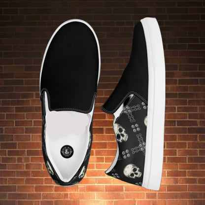Women’s Custom Slip-on Canvas Shoes, Black Skull Print Sneakers, Two-Tone