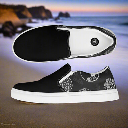 Women’s Custom Asian Print, Slip-on Canvas Shoes, Black with Japanese Traditional Crests, Two-Tone Pattern