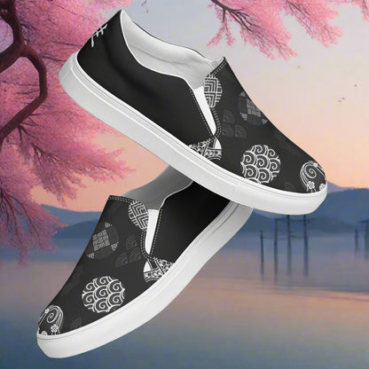 Women’s Custom Asian Print, Slip-on Canvas Shoes, Black with Japanese Seals, Two Tone Pattern