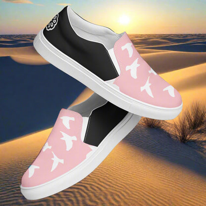 Women’s Custom Slip-on Animal Print Canvas Shoes, White birds on Pink, Halftone 