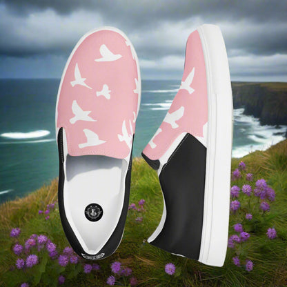 Women’s Custom Slip-on Animal Print Canvas Shoes, White birds on Pink, Halftone 