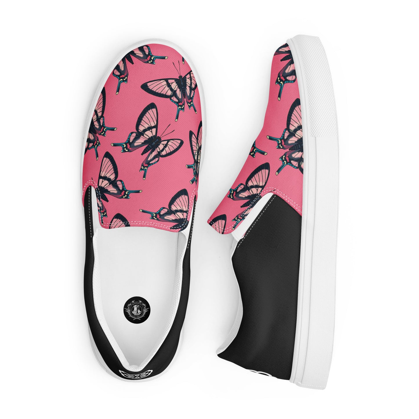 Eden Garden | Women’s Slip-on Canvas Shoes | Pink Black Butterflies Halftone