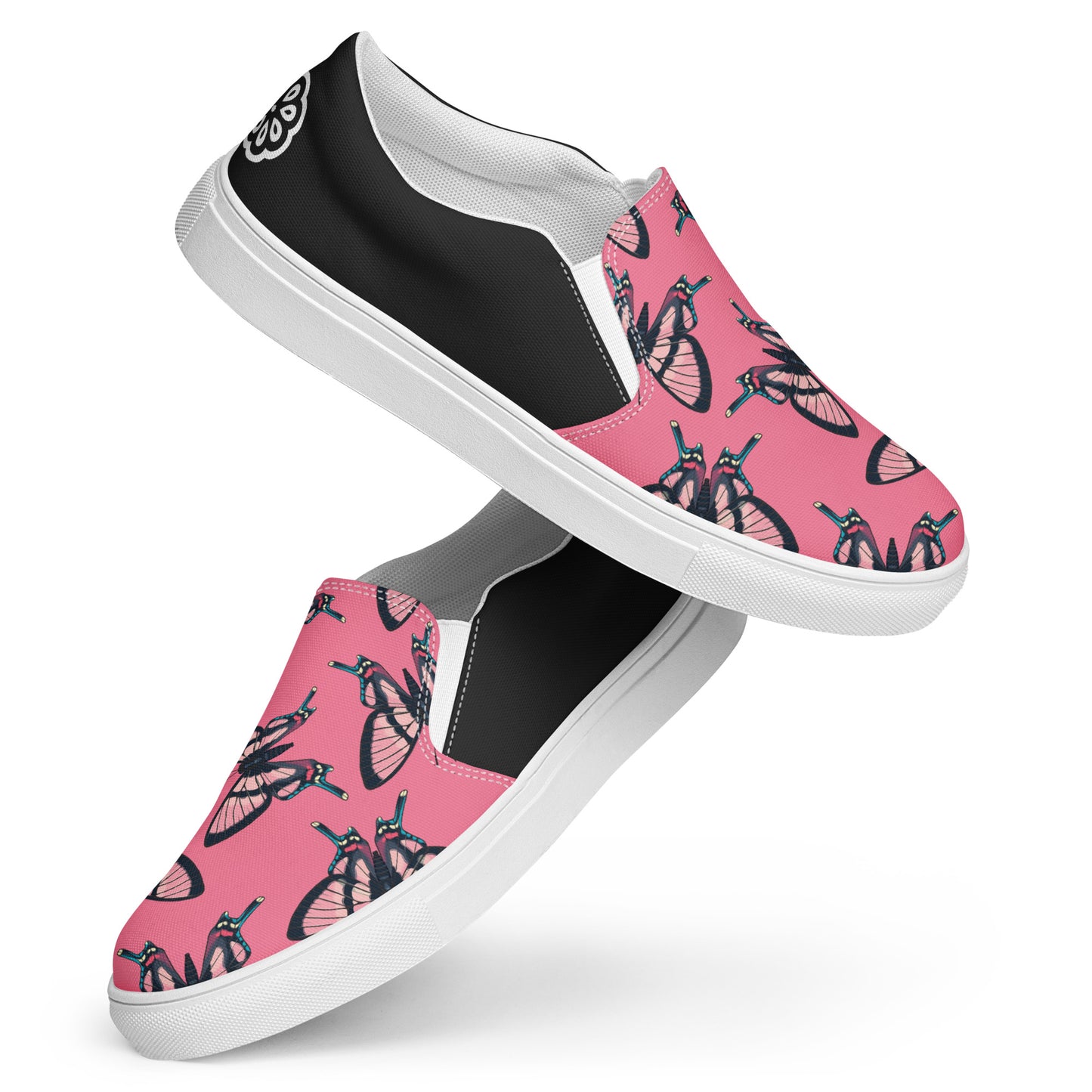 Eden Garden | Women’s Slip-on Canvas Shoes | Pink Black Butterflies Halftone