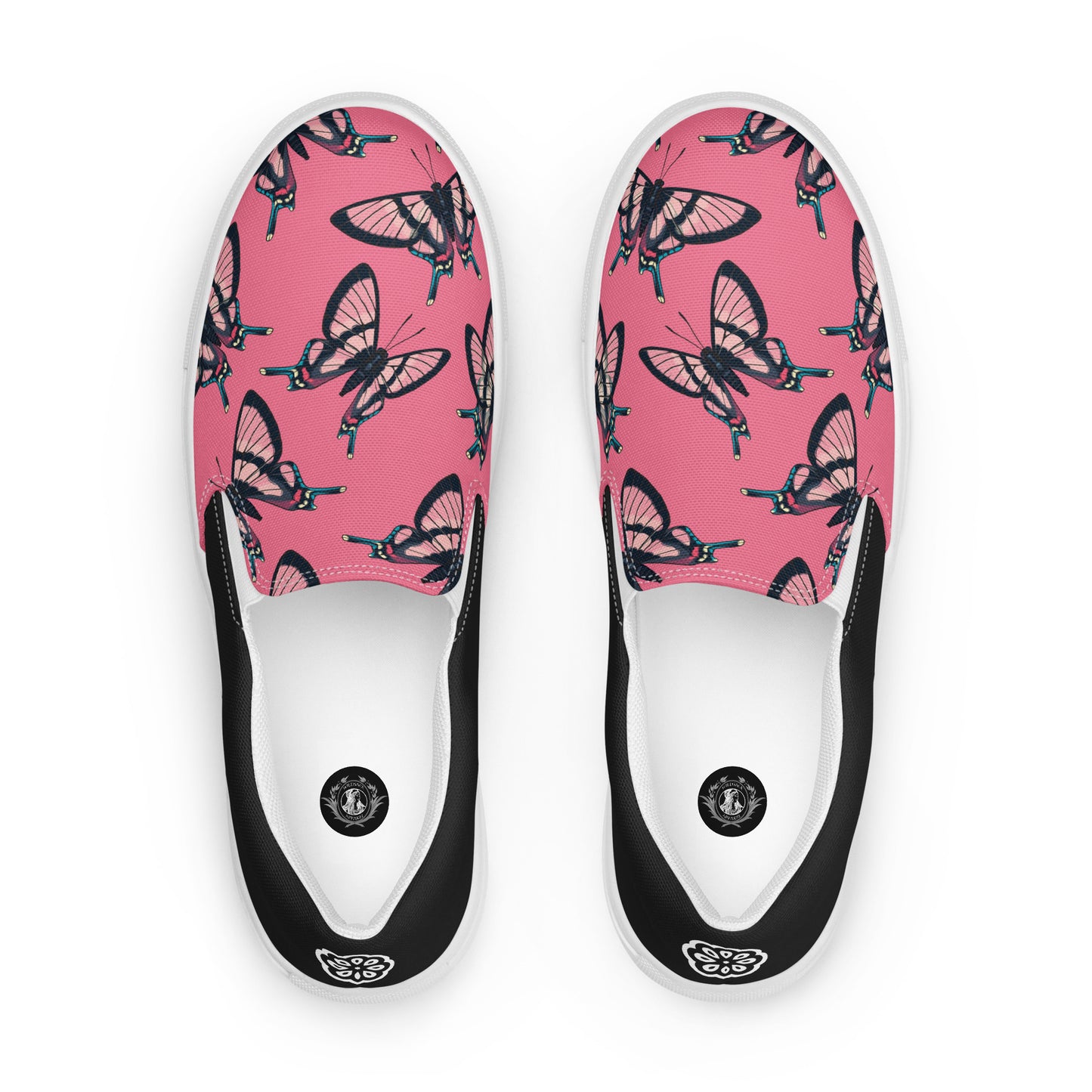 Eden Garden | Women’s Slip-on Canvas Shoes | Pink Black Butterflies Halftone