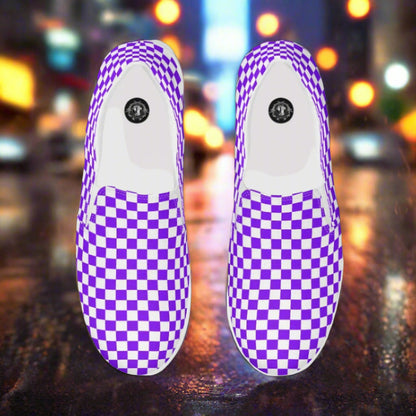 Women’s Custom Slip-On Canvas Shoes Purple and White Checkerboard Pattern
