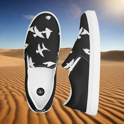Black Women’s Slip-on Canvas Shoes with White Bird animal print Two-tone