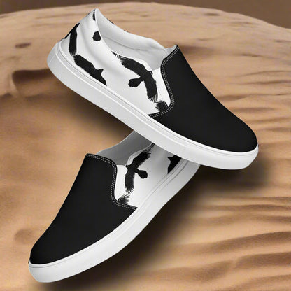 Women's Custom Slip-On Canvas Sneakers White With Black Ravens Animal Print Two Tone