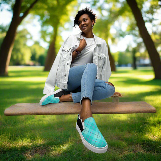 pale green plaid and black two tone slip on canvas shoes