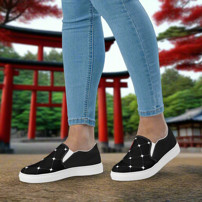 Women’s Designer, Slip-on Canvas Shoes, Black with White Diamond Print, Two Tone Geometric Pattern