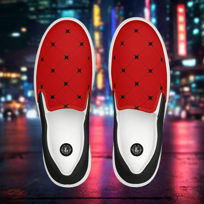 Women’s Asian Pattern, Designer Slip-on Canvas Shoes, Red with Black Diamond Print, Halftone