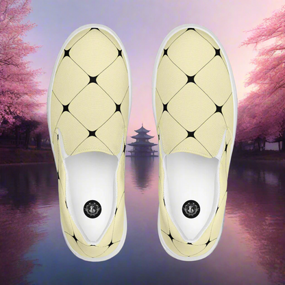 Women’s Custom Designer, Slip-on Canvas Shoes, Pastel Yellow with Black Diamond Pattern