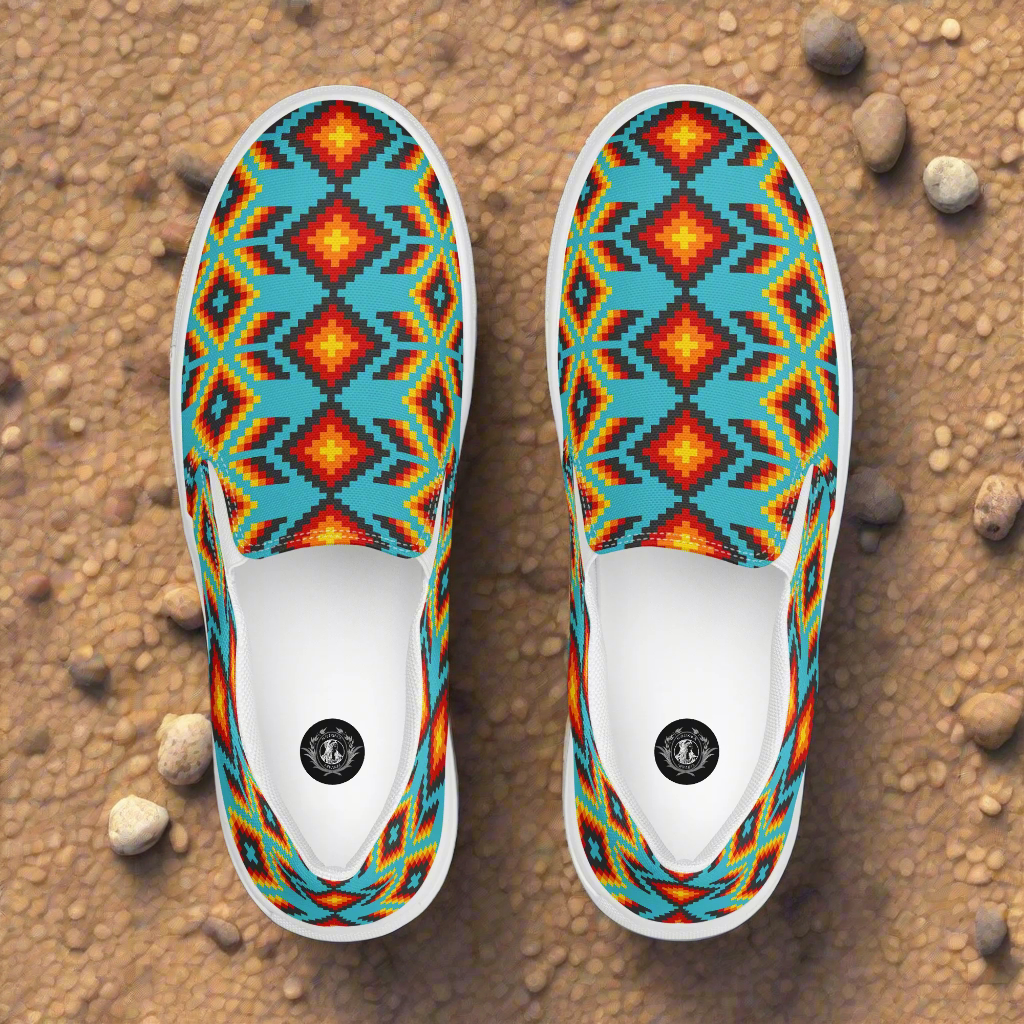 Women’s Southwest Print, Slip-on Canvas Shoes, Turquoise with Orange Native American, Geometric Pattern, Huichol