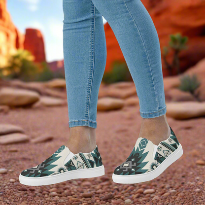 Women’s Southwest Print, Slip-on Canvas Shoes, Native American, Geometric Pattern, Green on White canvas
