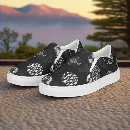 Women’s Custom Asian Print, Slip-on Canvas Shoes, Black with traditional Japanese Crests Pattern