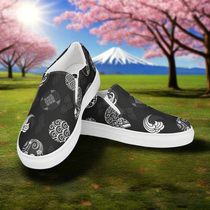 Women’s Custom Asian Print, Slip-on Canvas Shoes, Black with traditional Japanese Crests Pattern