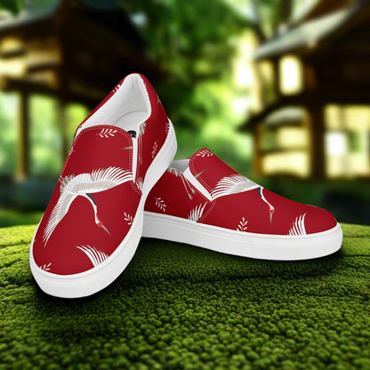 Women’s Custom, Asian Animal Print, Slip-on Canvas Shoes, Red Background with White Flying Cranes