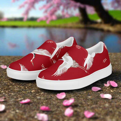 Women’s Custom, Asian Animal Print, Slip-on Canvas Shoes, Red Background with White Flying Cranes