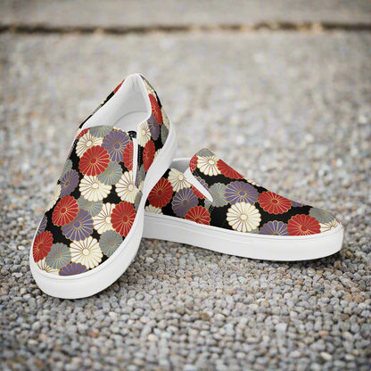 Women’s Asian Print, Slip-on Canvas Shoes, Japanese Floral Pattern Chrysanthemum Blossoms