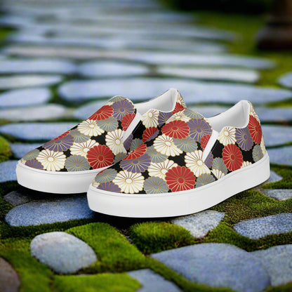 Women’s Asian Print, Slip-on Canvas Shoes, Japanese Floral Pattern Chrysanthemum Blossoms