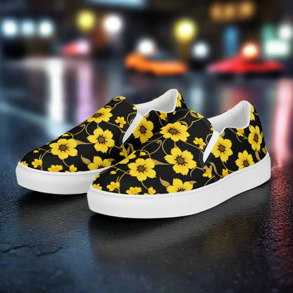 Custom Women’s Slip-on Canvas Shoes, Floral Print, Yellow Blooms on Black
