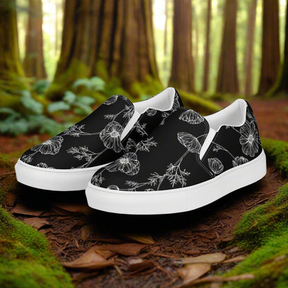 Women’s Custom Floral Print Slip-on Canvas Shoes Black with White Poppy