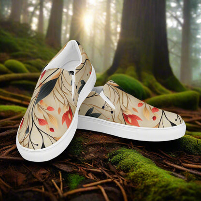 Women’s Custom Floral Print Slip-on Canvas Shoes, Orange, Black and Beige - Autumn Fire