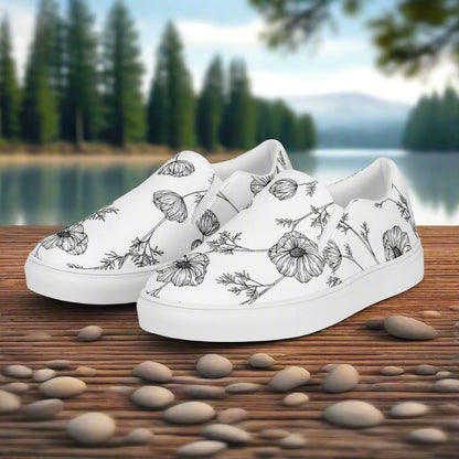 Women’s Floral Print, Slip-on Canvas Shoes, White with Black Poppy Pattern