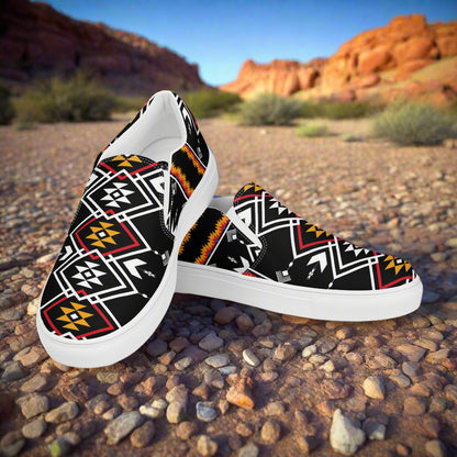 Women’s Southwest Print, Custom Slip-on Canvas Shoes, Native American Geometric Pattern, Condios